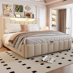 Upholstered Storage Bed 140x200 cm with LED & USB, Beige Linen