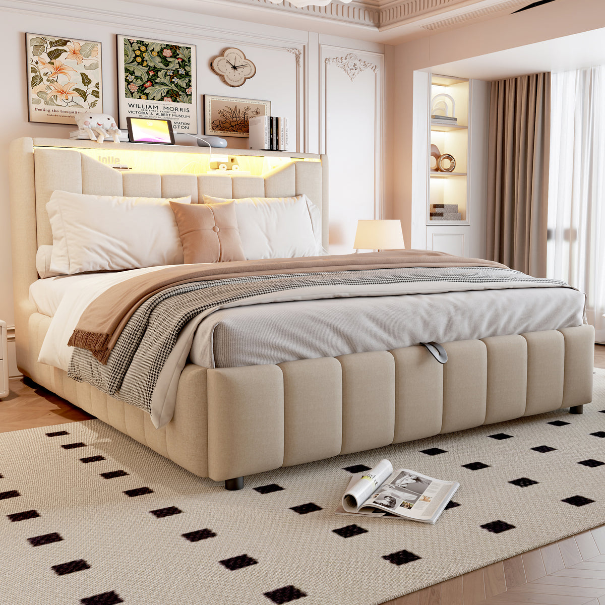 Upholstered Storage Bed 140x200 cm with LED & USB, Beige Linen