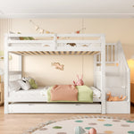 Bunk Bed with Stair Shelf and Pull-out Trundle Bed, 90x200cm, White
