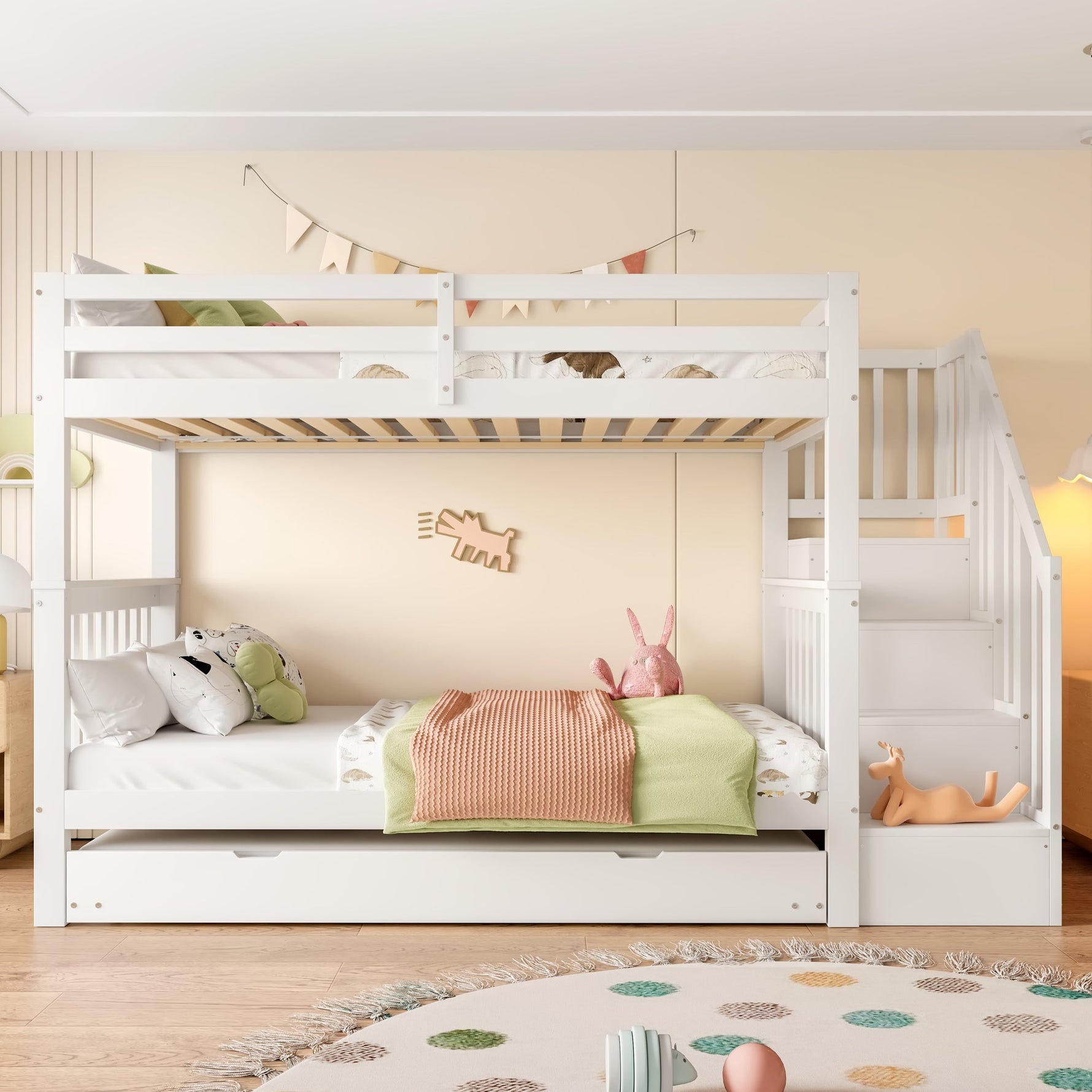 Bunk Bed with Stair Shelf and Pull-out Trundle Bed, 90x200cm, White