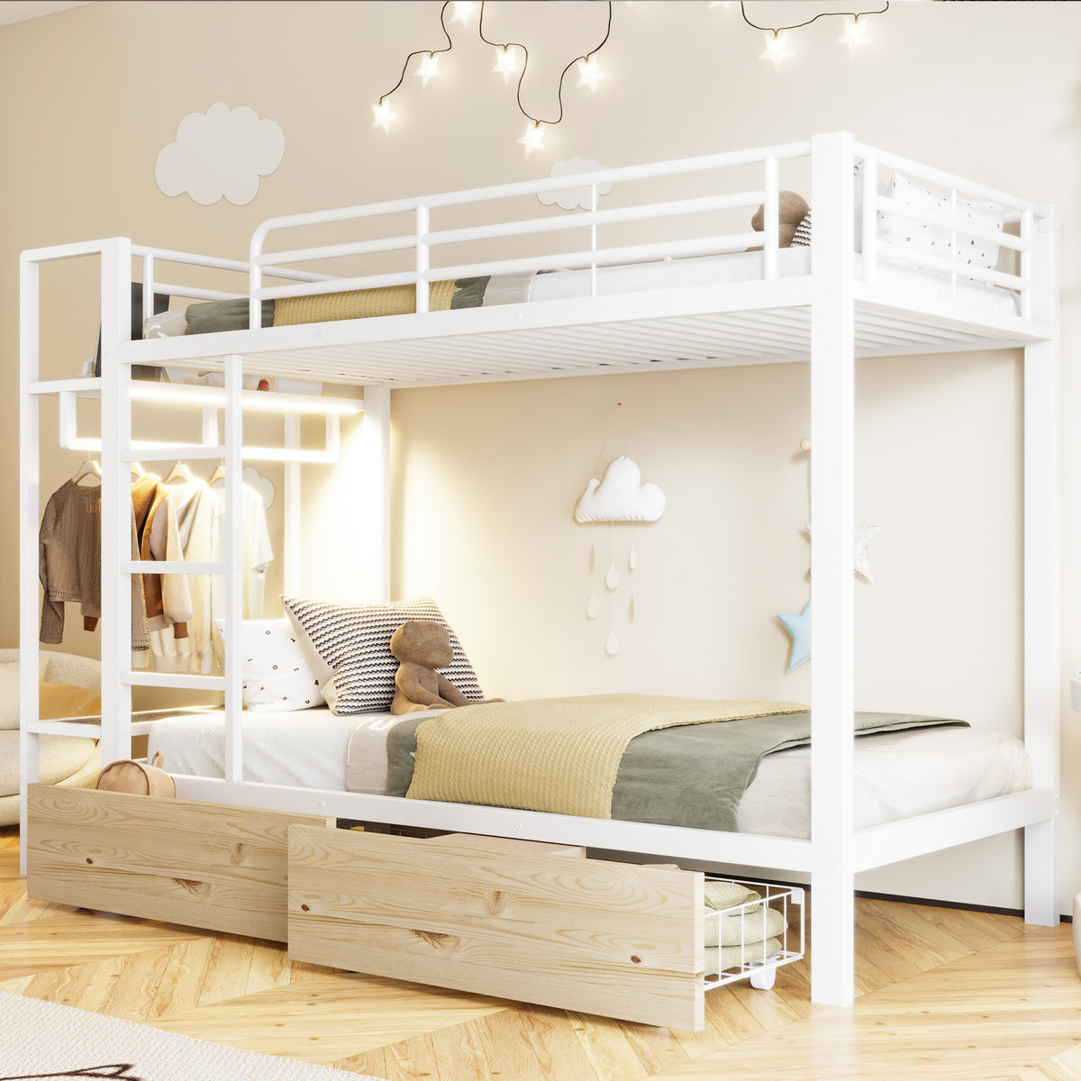 Bunk Bed 90x200 cm with Drawers & LED, White Iron Frame