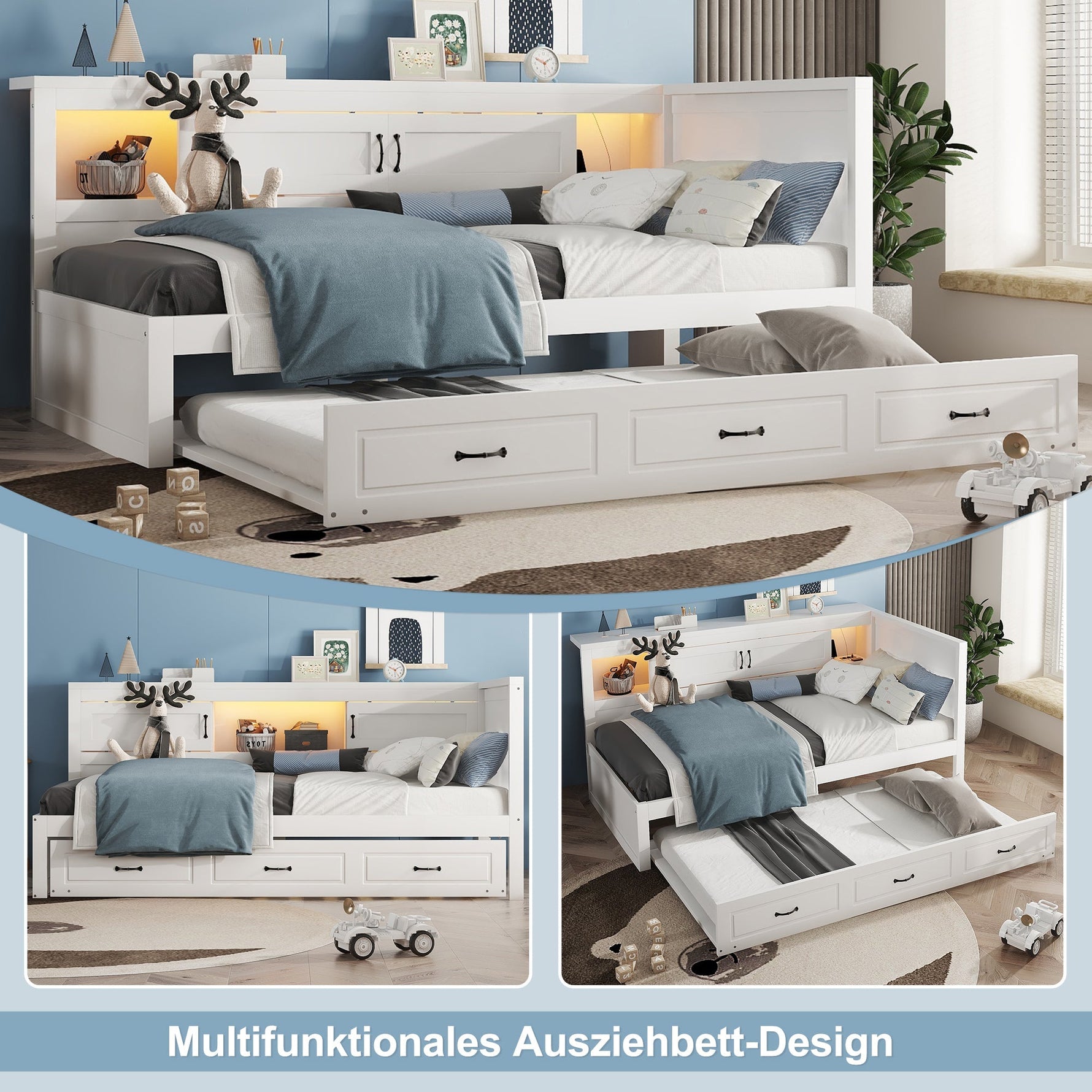 Sofa Bed Daybed with LED Lights, Pull-Out Bed and USB Charging, White