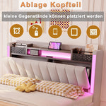 Upholstered Bed 140*200, LED, USB, Storage Headboard, Floating Design, Linen Beige