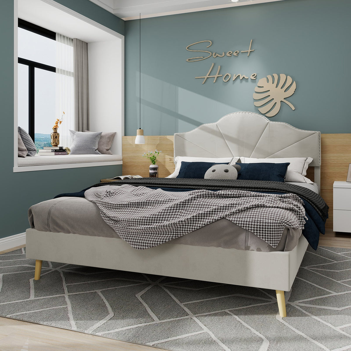 Modern Minimalist Soft Bed, Comfortable Headboard, 140*200CM, Beige