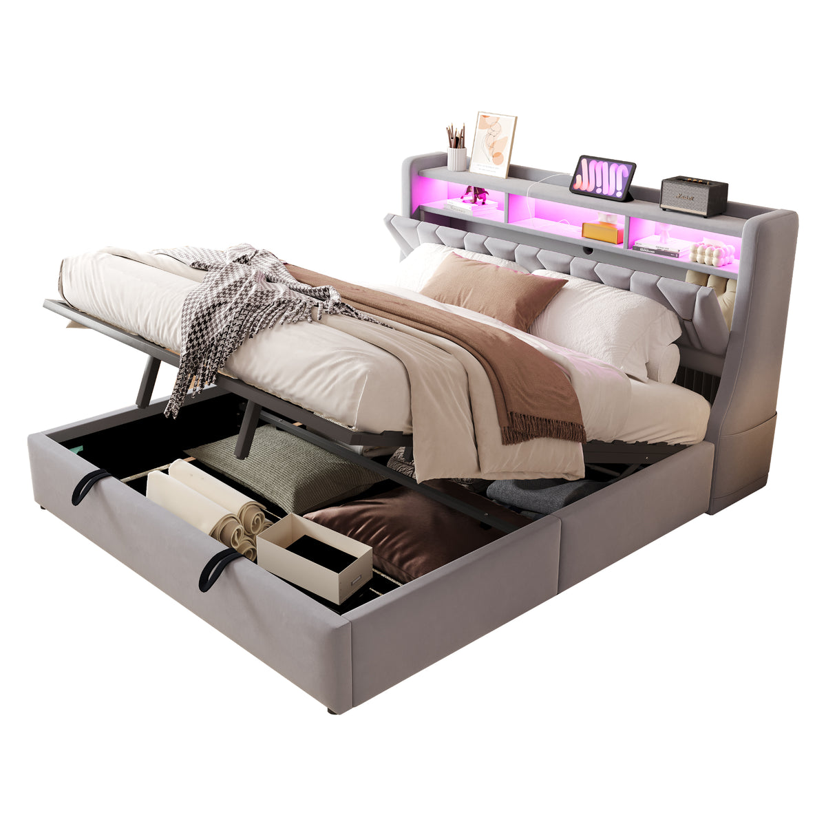 Upholstered Storage Bed 180x200cm with LED, Light Grey Velvet