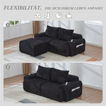 Modular 2-Seater Sofa with Ottomans, Cup Holders and Storage Pockets, Black Corduroy