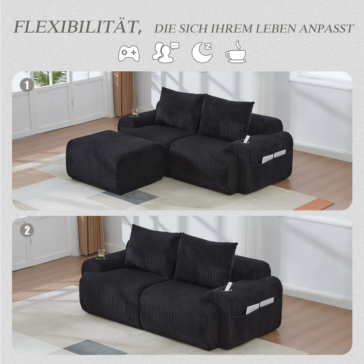 Modular 2-Seater Sofa with Ottomans, Cup Holders and Storage Pockets, Black Corduroy