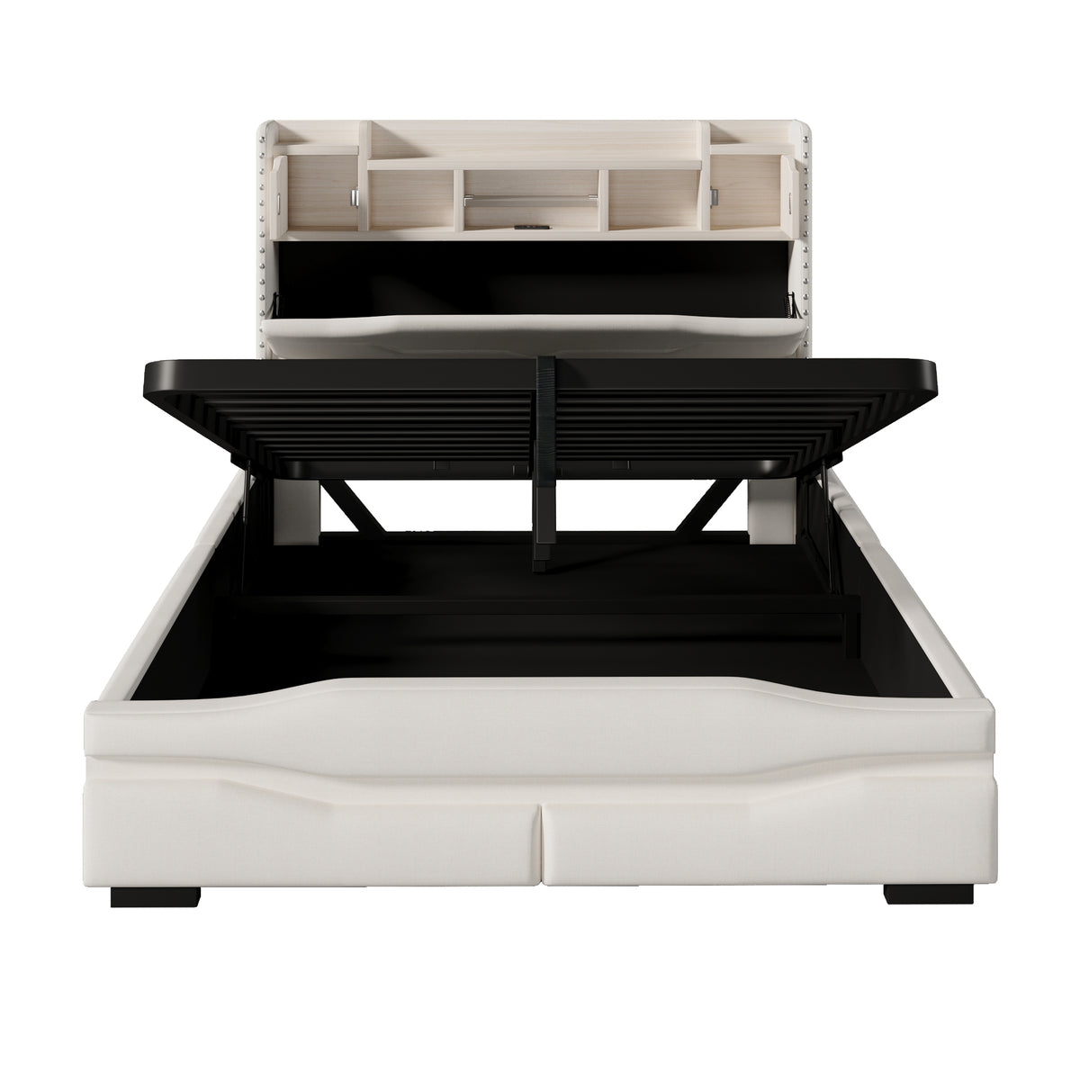 Upholstered Hydraulic Storage Bed 140x200cm LED Light, Beige