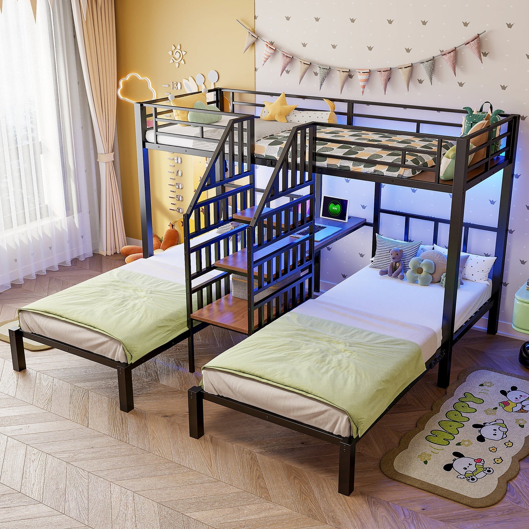 Bunk Bed with 3 Beds, LED Lights, Desk and USB Ports, Black