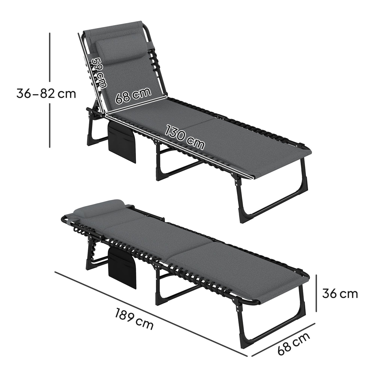 Folding Sun Lounger, Padded 5-Position Adjustable Weatherproof, Dark Grey