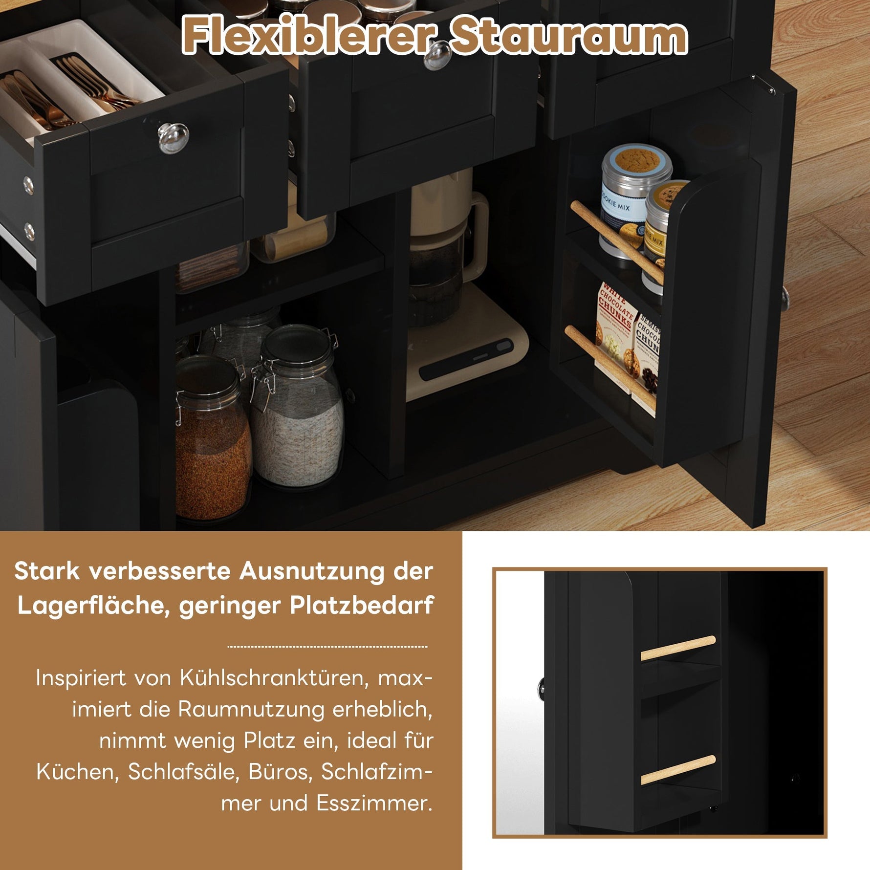 Mobile Kitchen Cart 132cm Folding Worktop Multifunctional Storage Cabinet Integrated Socket Country Style