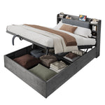 Hydraulic Bed with Storage Headboard and USB Charging, 180x200cm, Grey Wood