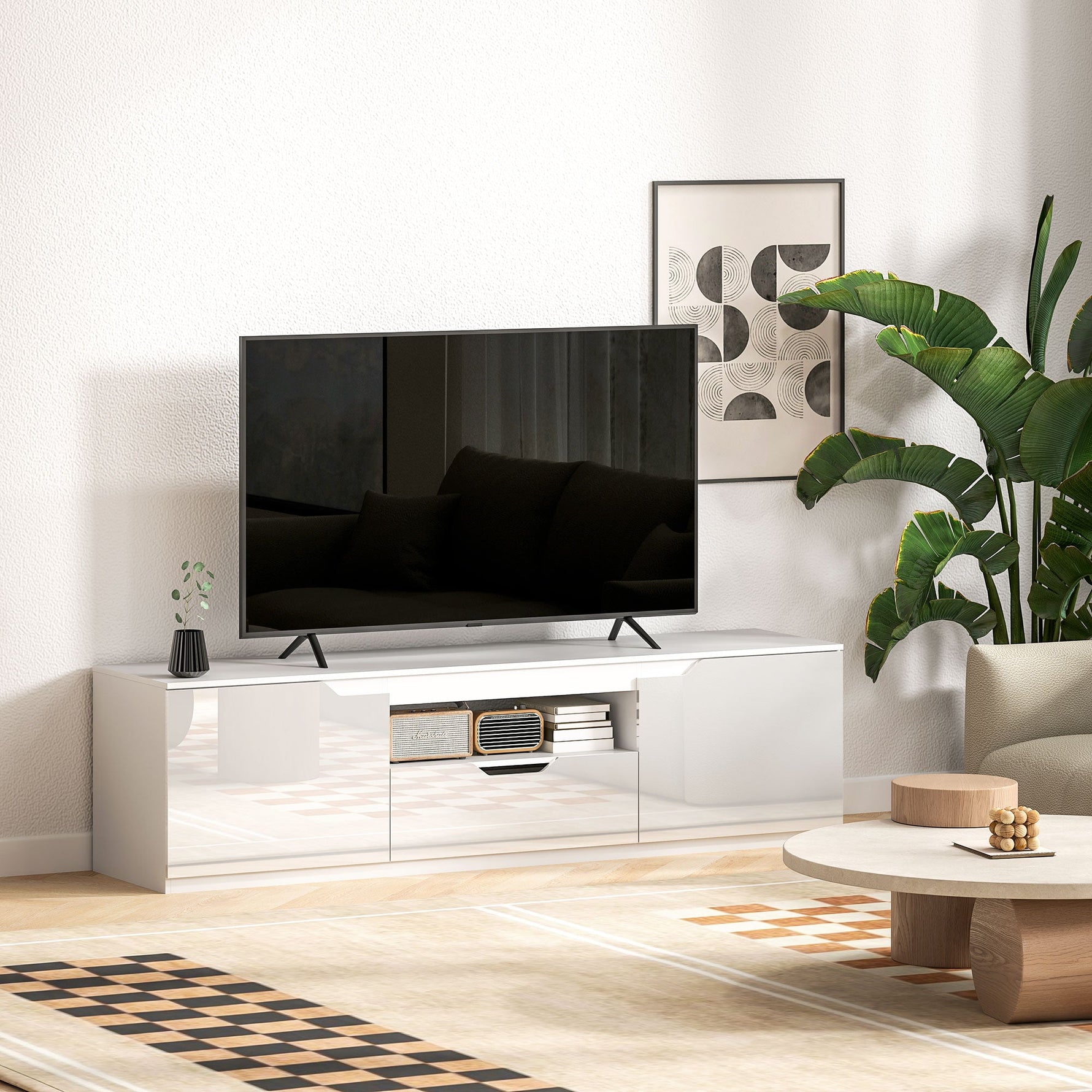 TV Cabinet Lowboard, 2 Doors, Drawer, 160cm, White