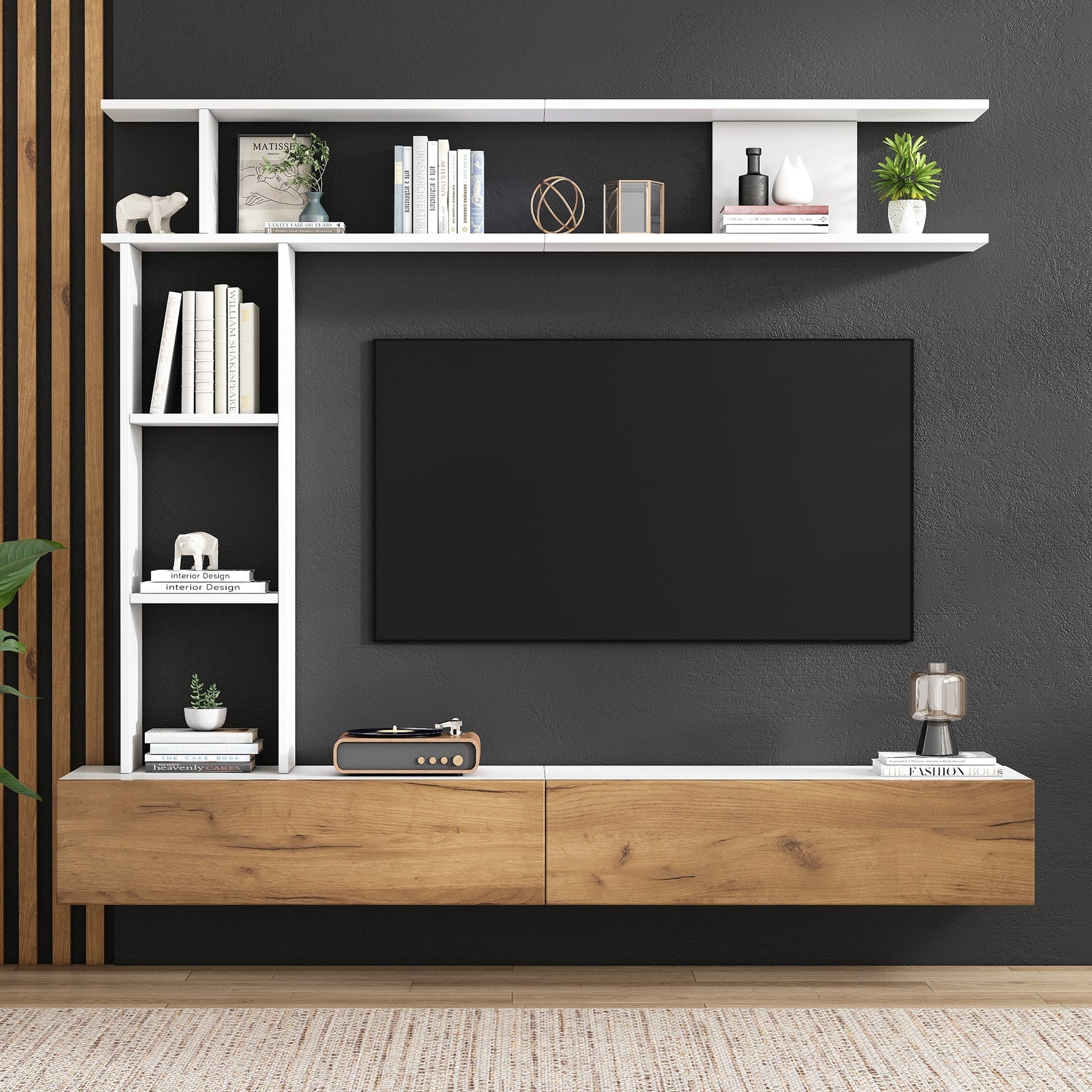 TV Wall Unit Set, Media Wall Display Cabinets Freestanding & Wall-Mounted for up to 80" TV, White + Wood Color