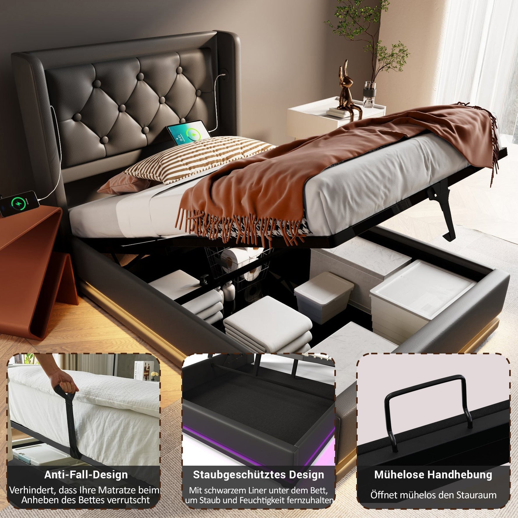 Upholstered Bed, 90x200cm Hydraulic Storage with USB, LED, Black PU