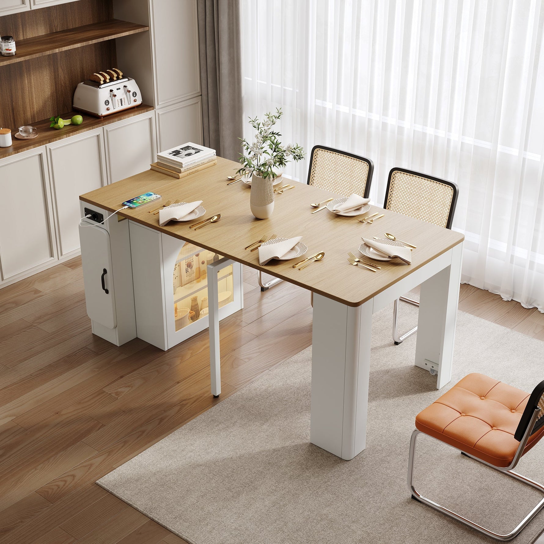 Mobile Kitchen Island Extendable Table Removable Top Power Strips - White