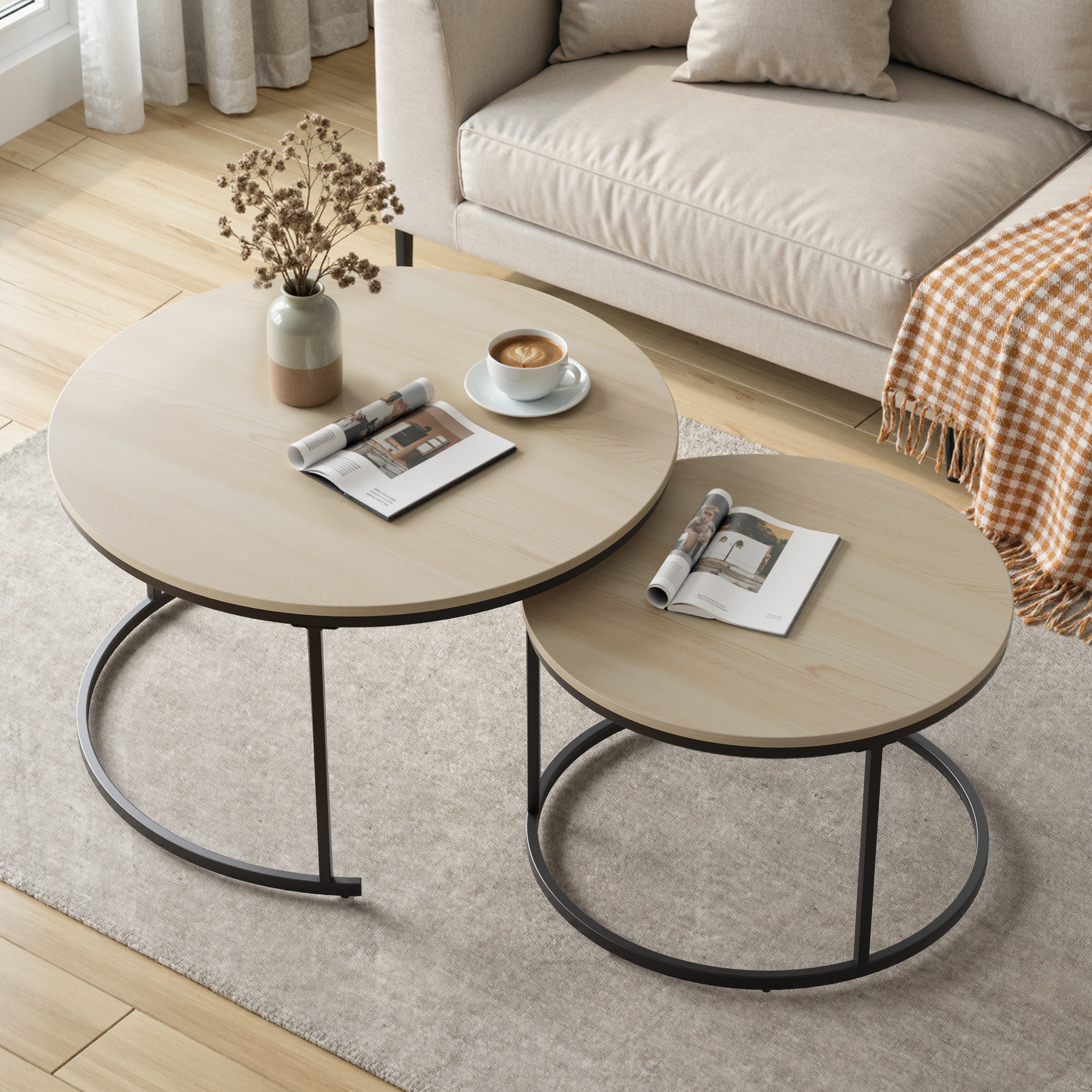 Nesting Coffee Table Set, Two-piece Round 80cm Modern Design, Oak Veneer and Metal Frame