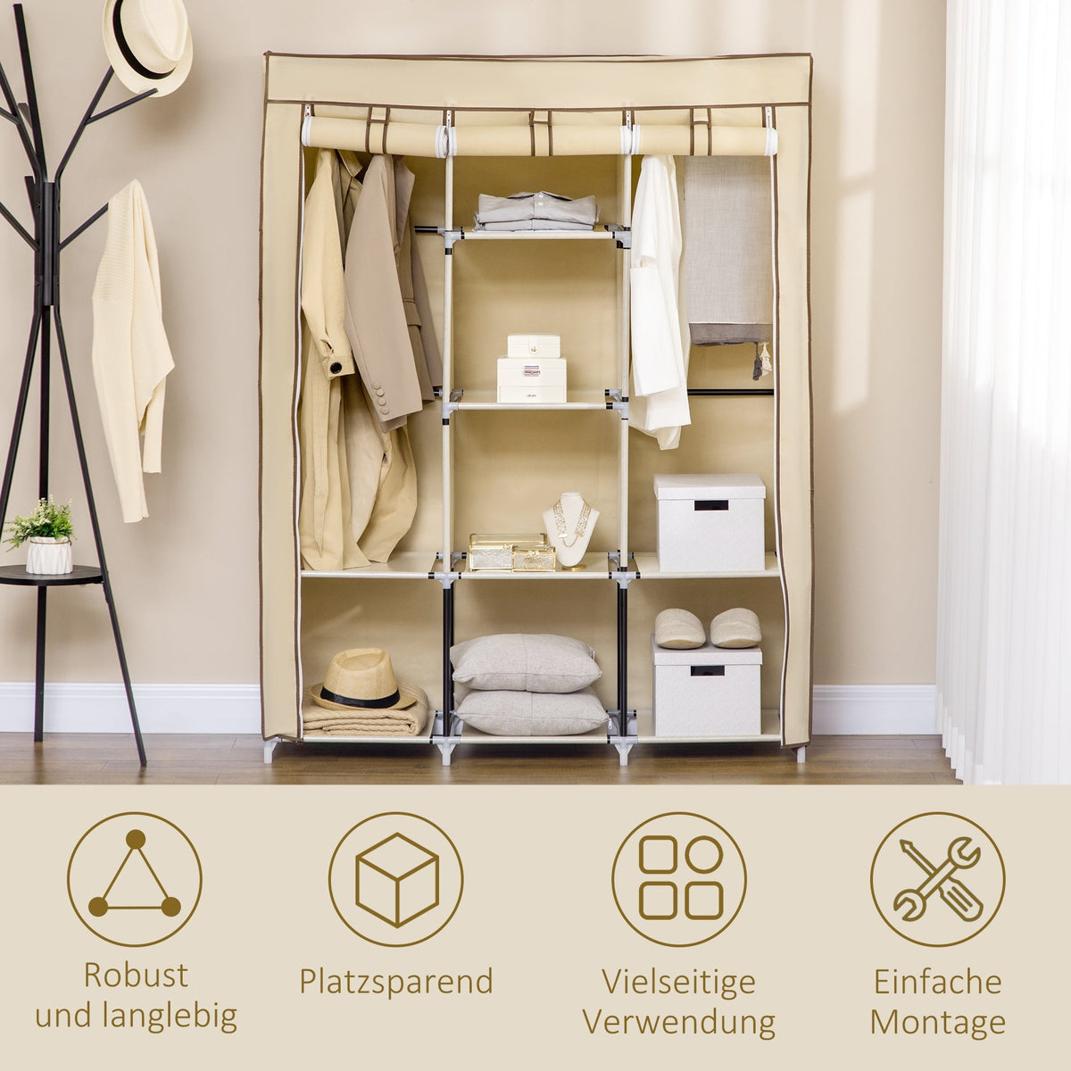 Fabric Wardrobe, 8 Levels & Clothes Rails, Folding, Nonwoven Fabric Beige