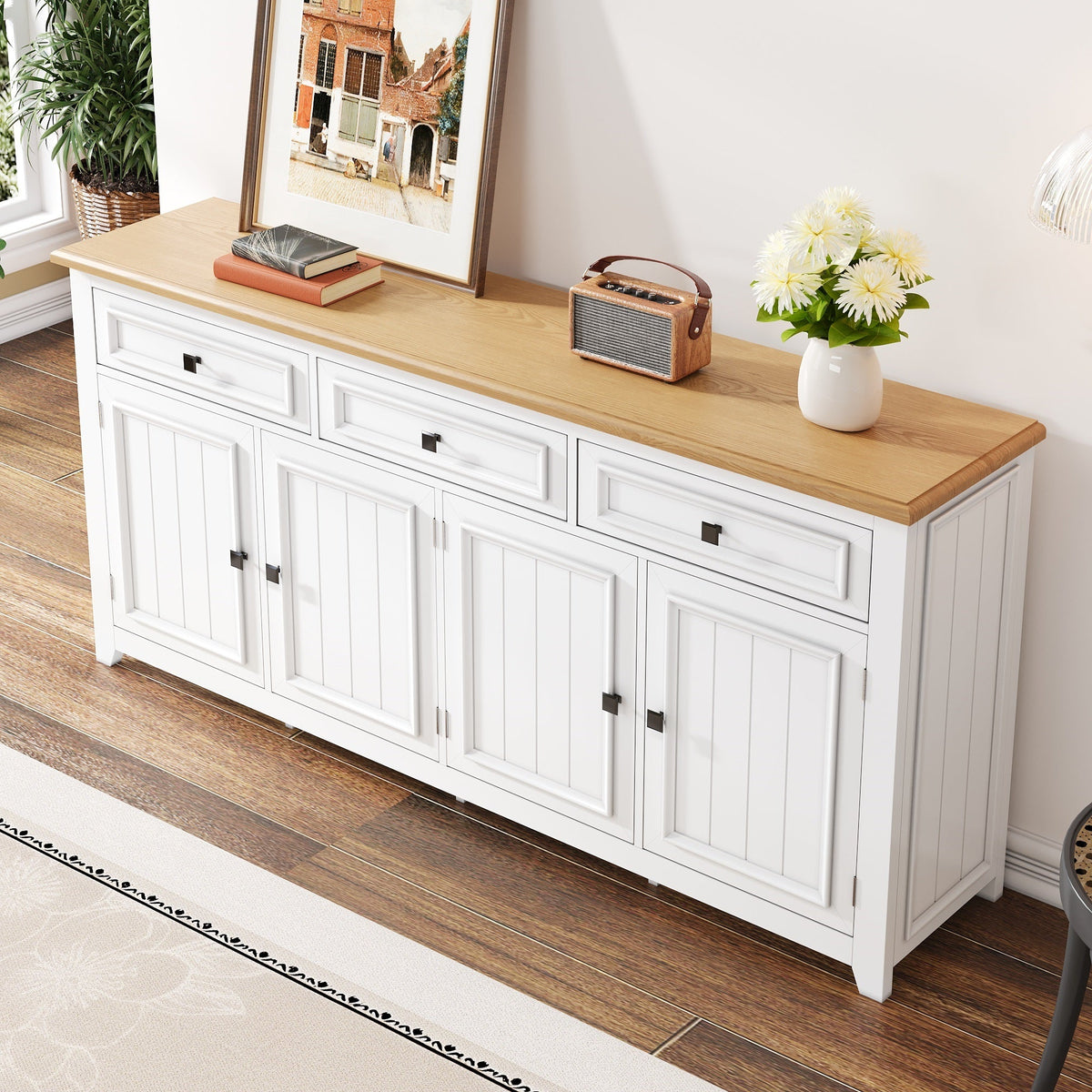 Sideboard Cabinet Buffet Storage Set, 160L x 35W x 76H cm, Modern and Simple White MDF
