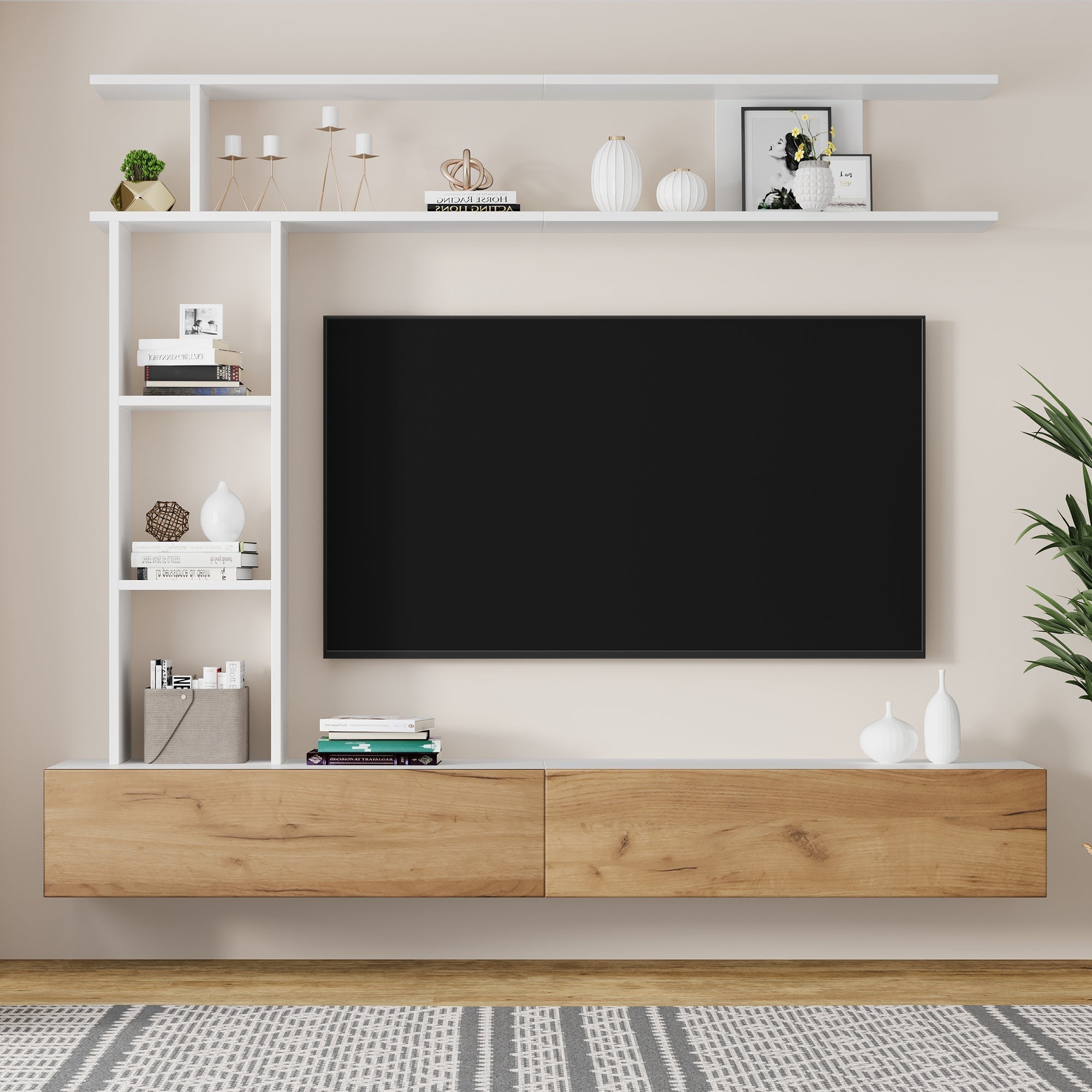 TV Wall Unit Set, Media Wall Display Cabinets Freestanding & Wall-Mounted for up to 80" TV, White + Wood Color
