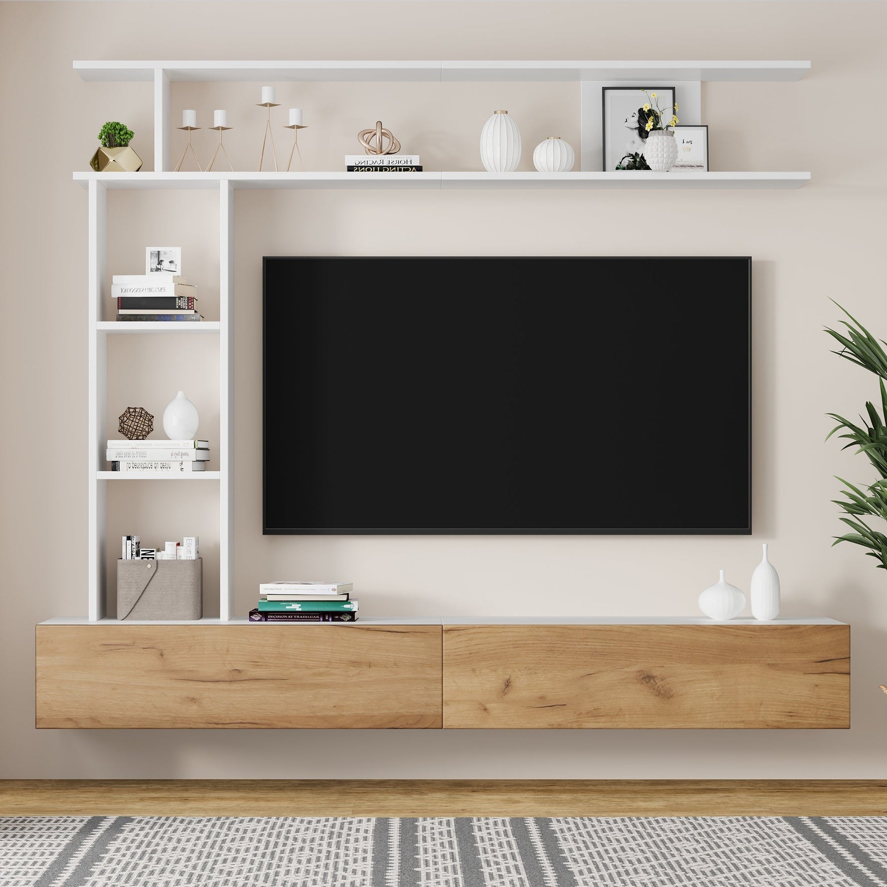TV Wall Unit Set, Media Wall Display Cabinets Freestanding & Wall-Mounted for up to 80" TV, White + Wood Color