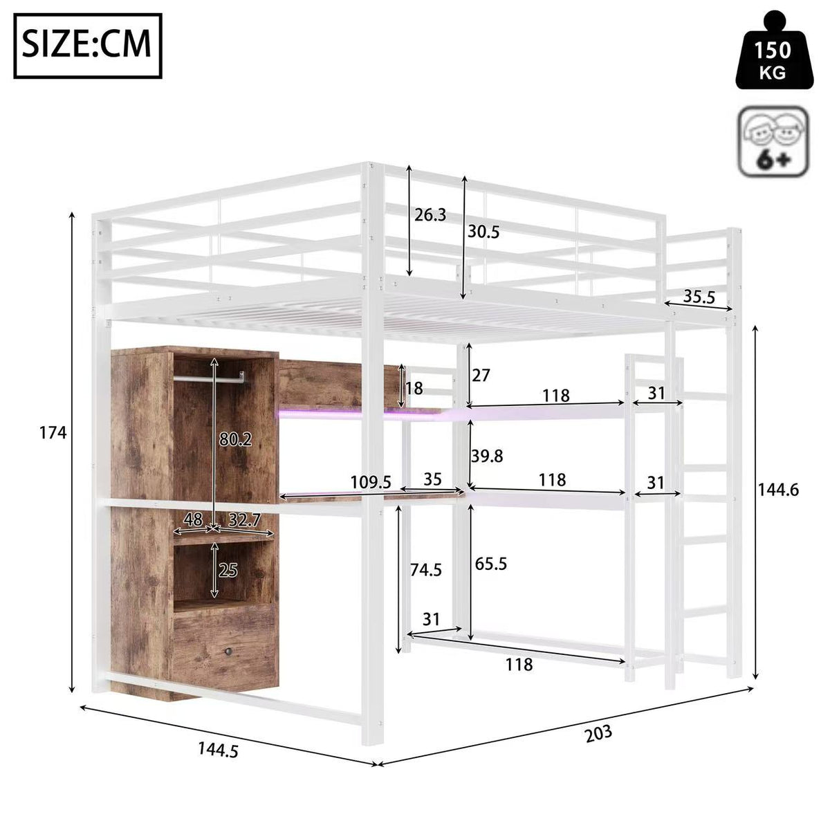 Loft Bed 140x200cm with LED Lights Desk Drawer Shelves Stairs Metal White