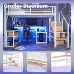 Loft Bed with Desk, LED Lighting and Storage Staircase, 140 x 200 cm, White
