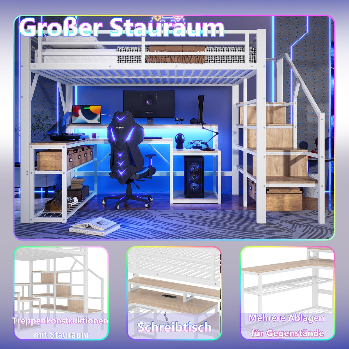 Loft Bed with Desk, LED Lighting and Storage Staircase, 140 x 200 cm, White