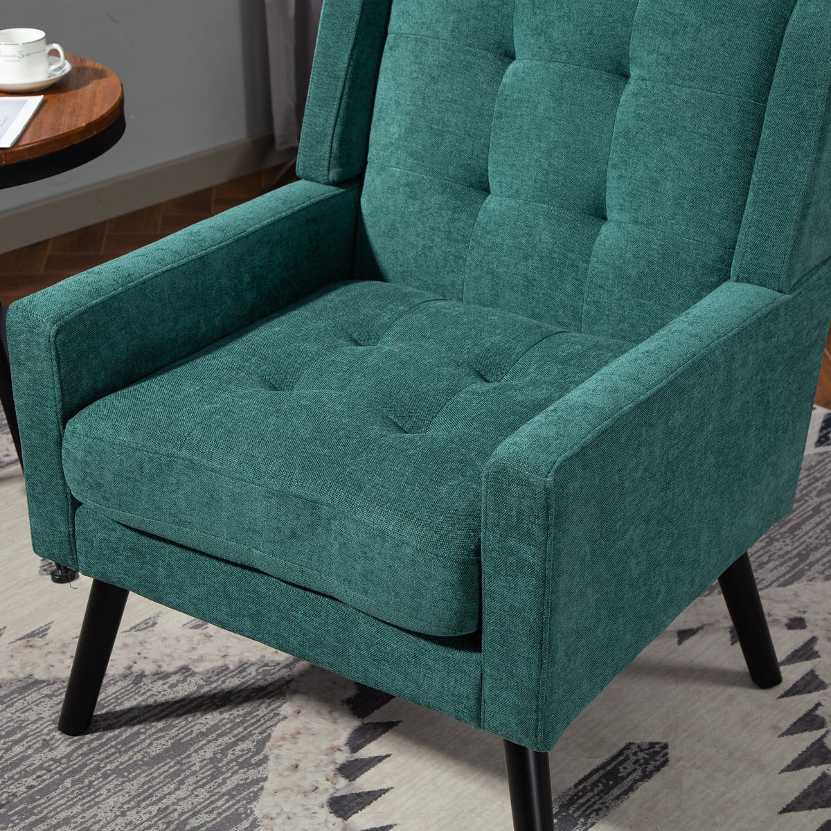 Upholstered Armchair with Buttoned Padding and Solid Wood Legs, Suede Black
