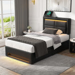 Upholstered Bed 90x200cm LED USB Charging 4 Drawers - Black PU Lychee