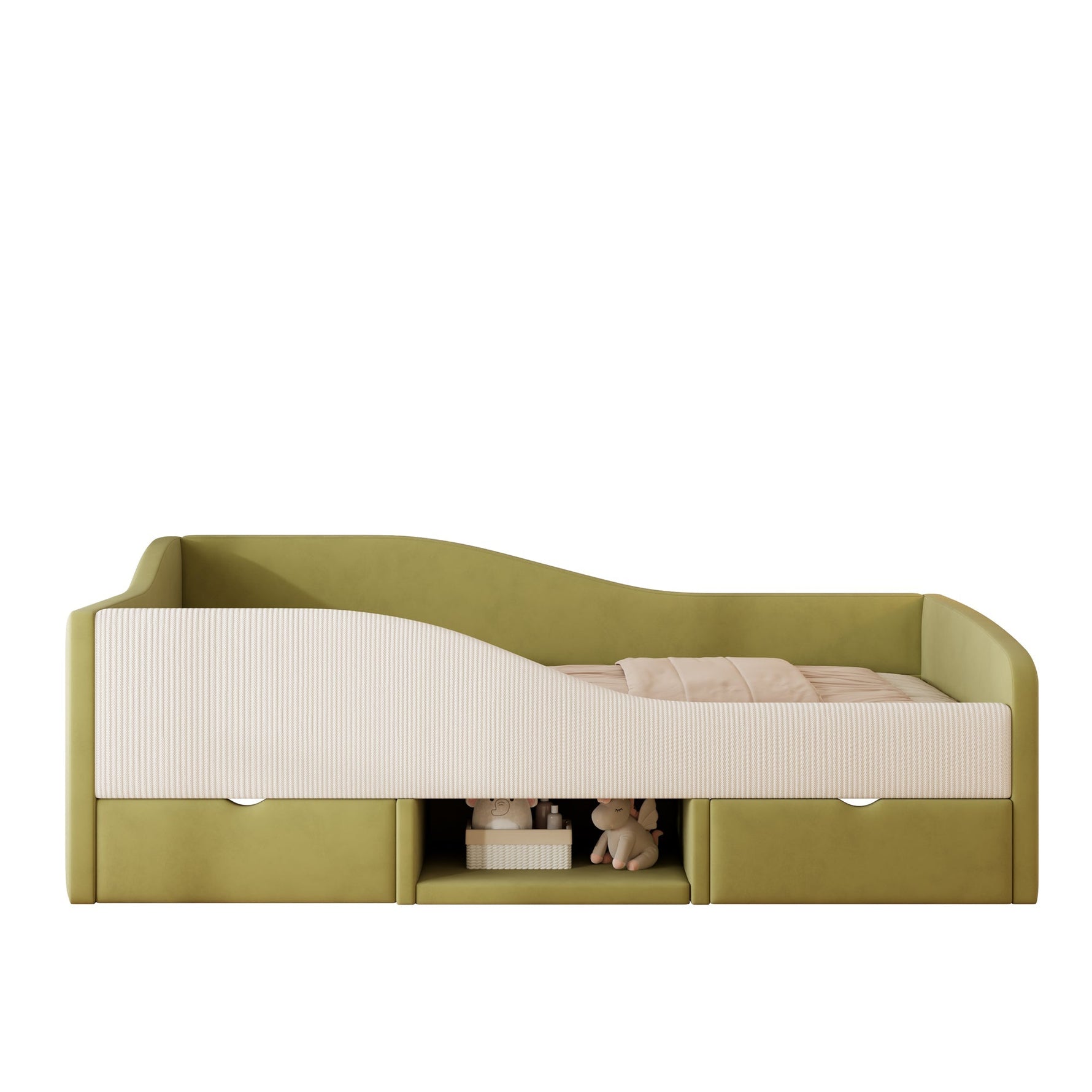 Upholstered Sofa Bed 90x190cm Multifunctional 2 Drawers Railings - Velvet Dark Green/Cream White