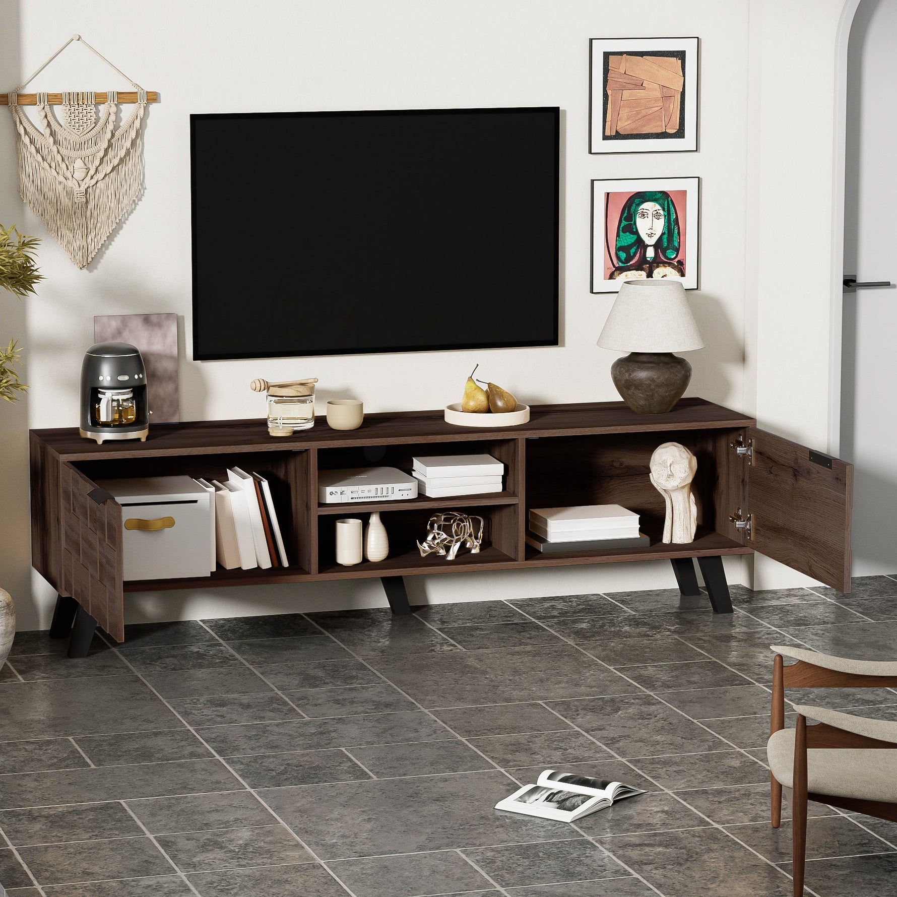 Modern TV Cabinet 2 Doors 2 Open Compartments 160.5cm - Dark Wood Grain