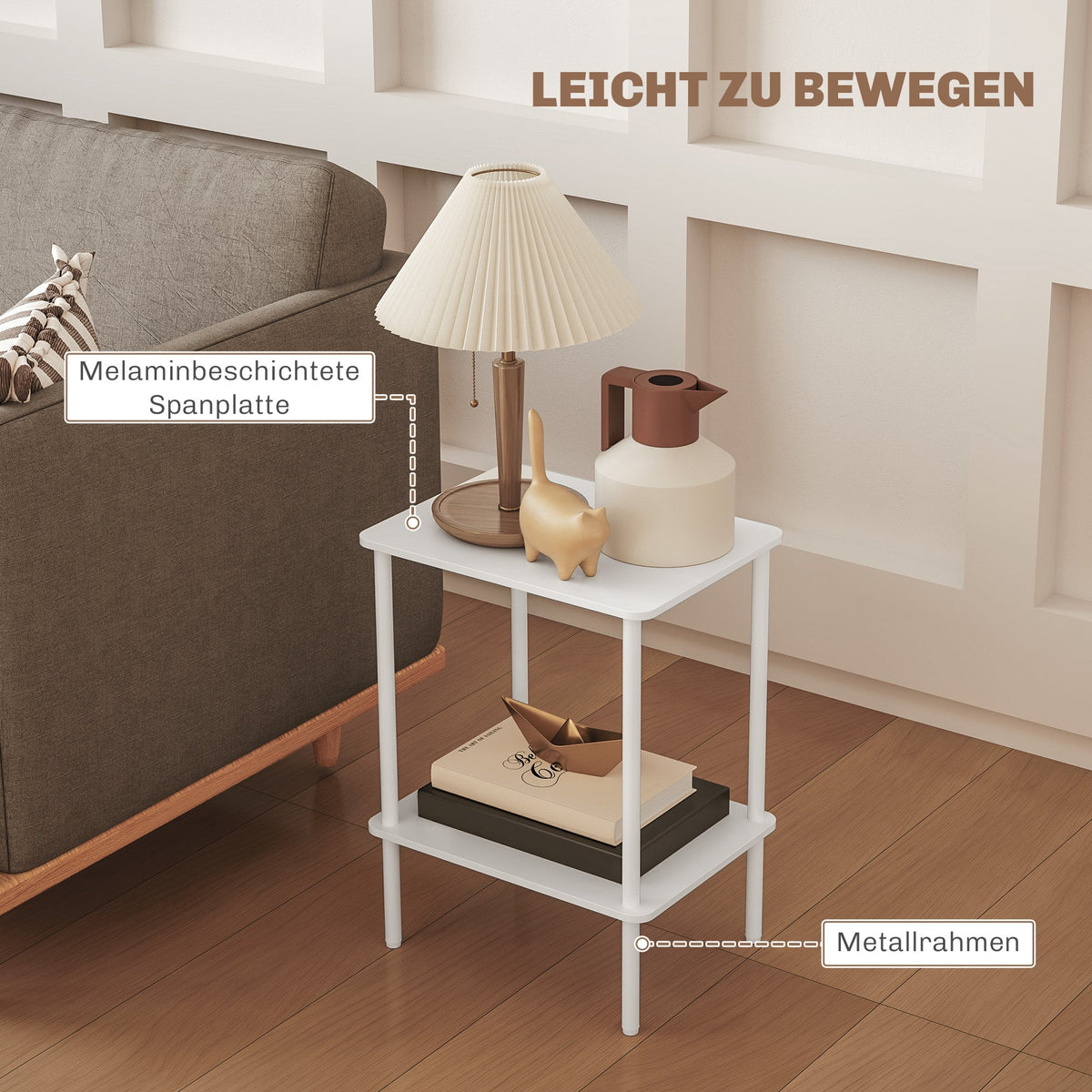 Side Table, 2-Tier Coffee Table with Storage, Metal Frame, White
