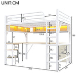 Loft Bed 140x200cm Gaming Desk Wardrobe Bookshelf USB LED Metal White