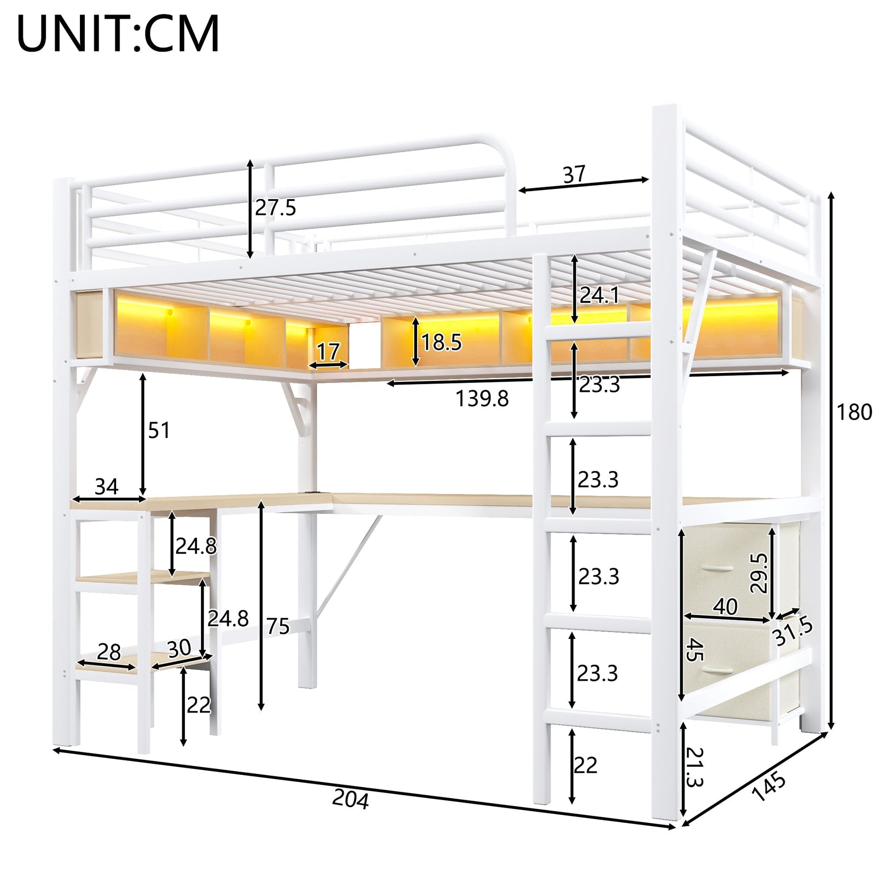 Loft Bed 140x200cm Gaming Desk Wardrobe Bookshelf USB LED Metal White