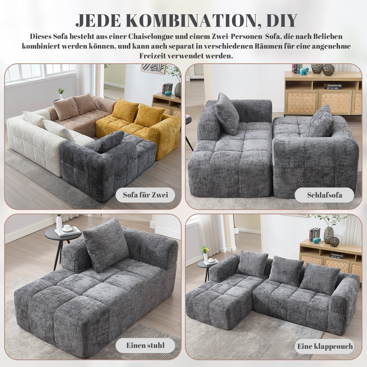 Modern Sectional Sofa L-Shaped 3-Seater Chaise Longue Storage Pocket Chenille Grey