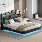 Upholstered Bed, 160*200 LED, USB, Storage Headboard, Grey Linen