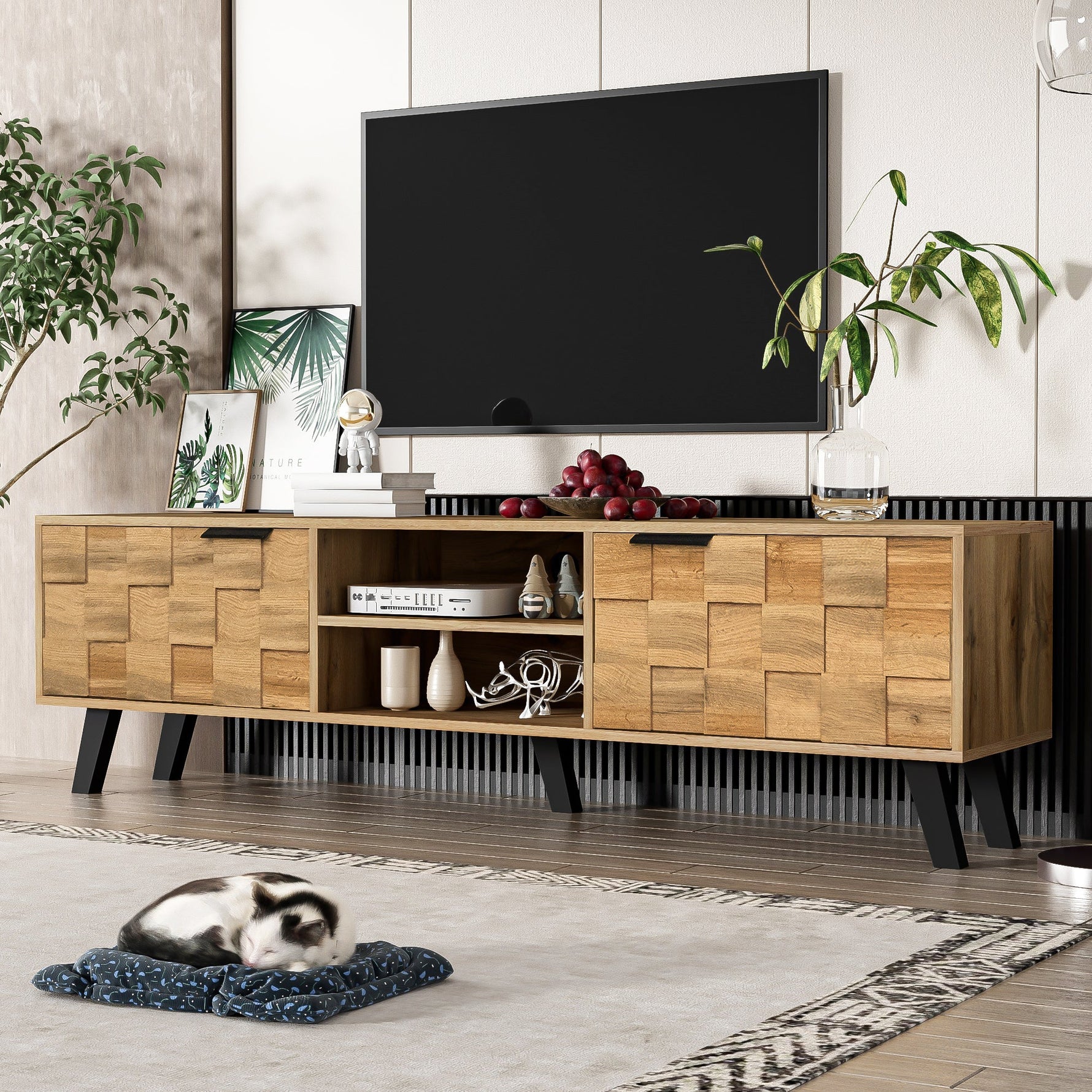 Modern TV Cabinet with 2 Doors, 2 Open Compartments - 160.5 x 35.5 x 45 cm