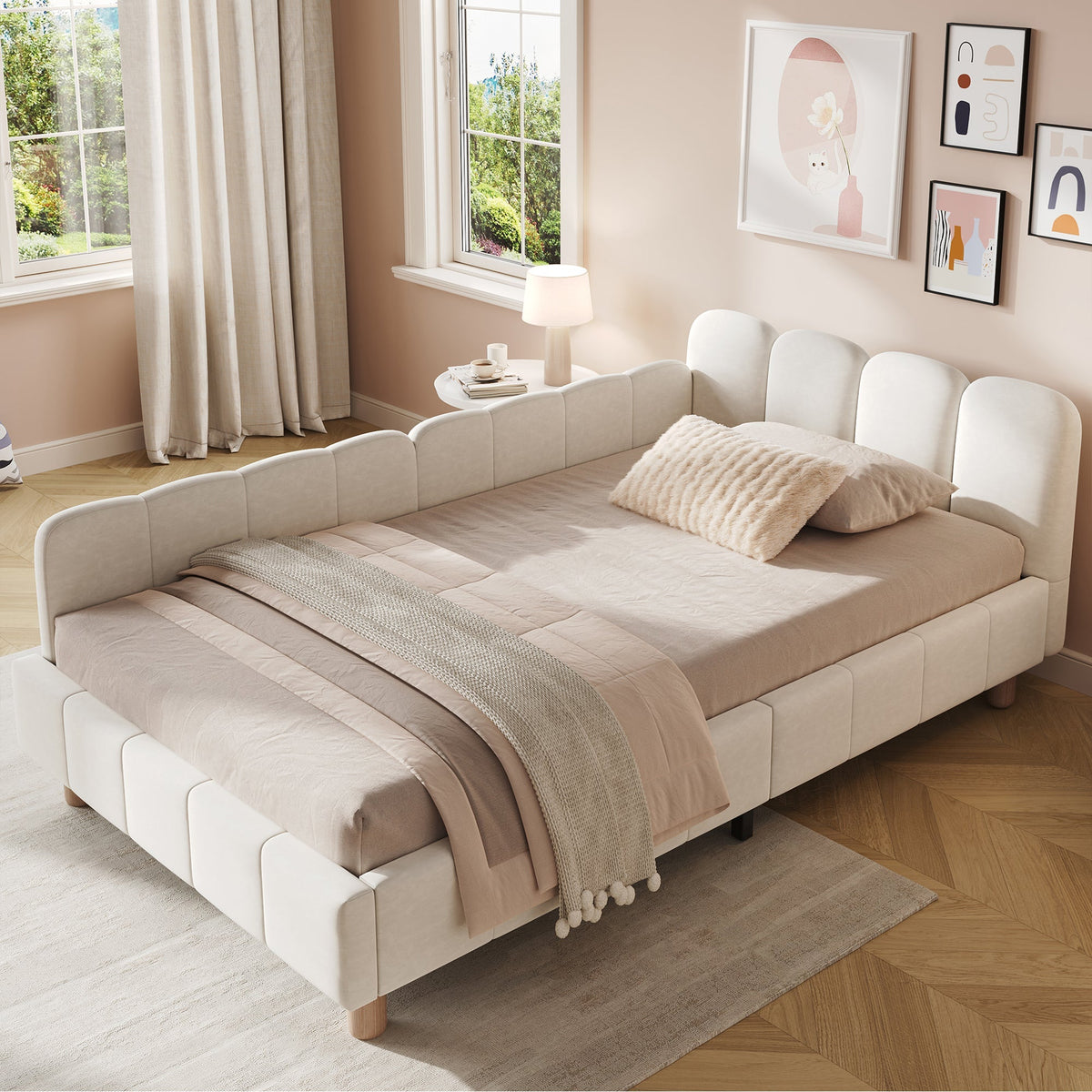 Upholstered Children's Single Bed with Headboard and Safety Rail, 90x200cm, Beige Velvet