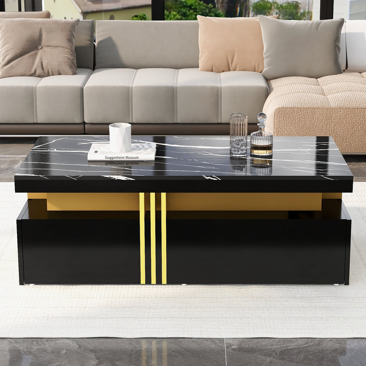Modern Rectangular Coffee Table with 2 Drawers, High-Gloss and Marble