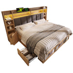 Double Bed System Bed with LED Headboard, Bedside Tables, USB Ports and Storage, 160x200cm, Oak Finish