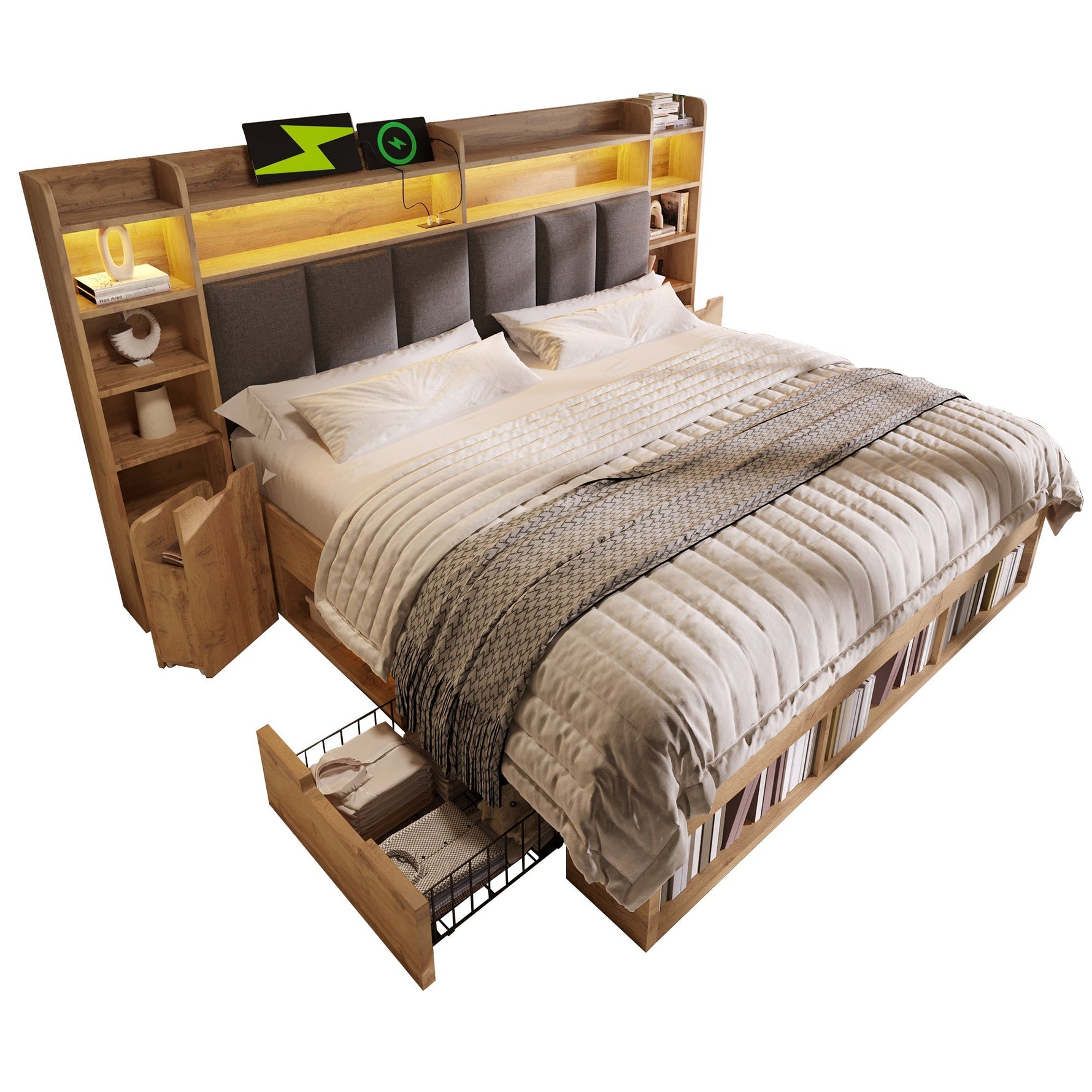 Double Bed System Bed with LED Headboard, Bedside Tables, USB Ports and Storage, 160x200cm, Oak Finish