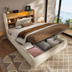 Upholstered Bed 90x200cm with Hydraulic Storage & LED, Beige Linen