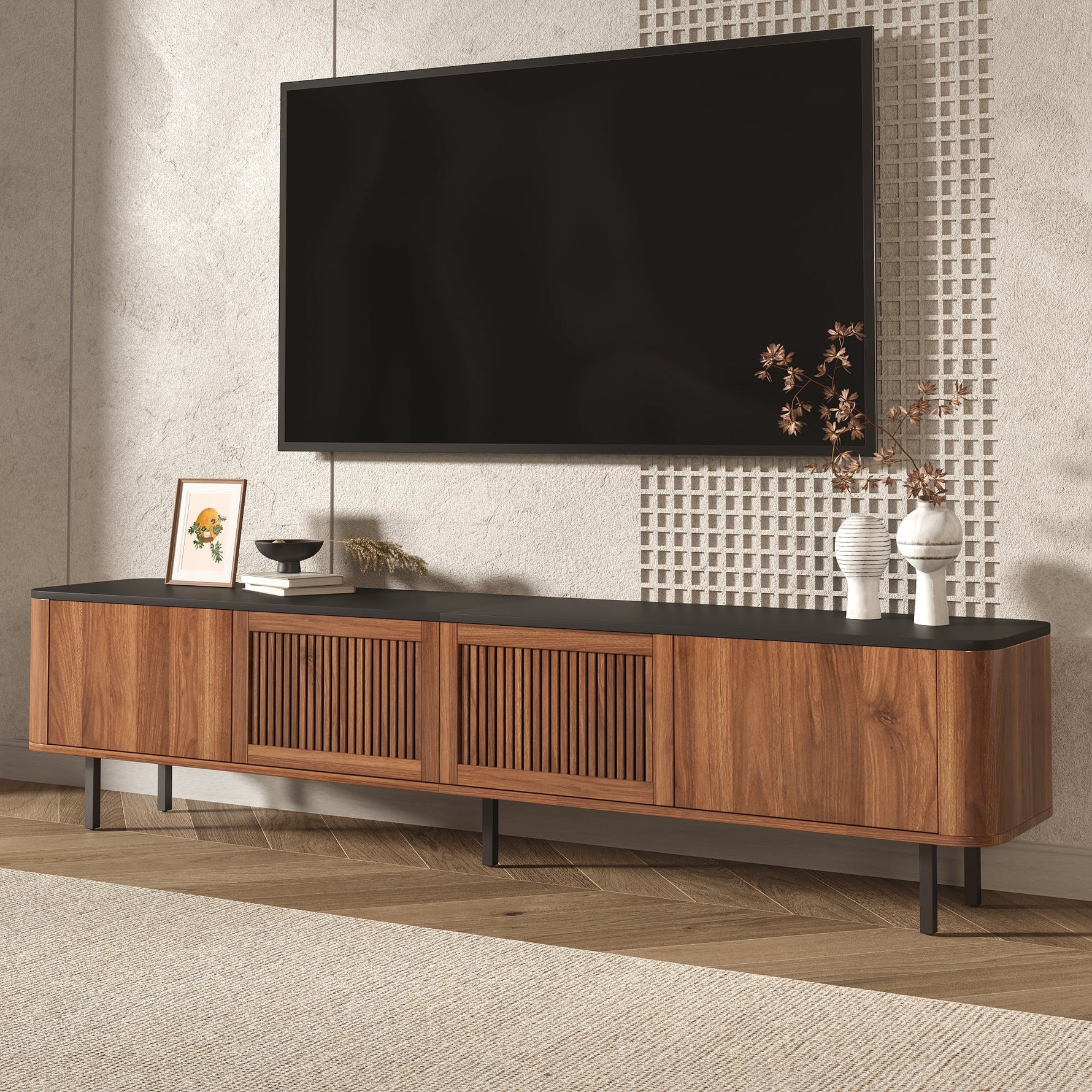 Modern TV Cabinet with Gitter Doors and Storage, Black and Walnut Wood