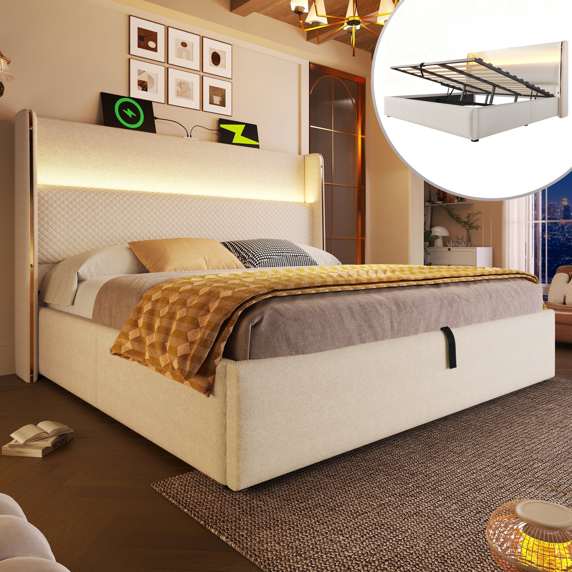 Modern Hydraulic Bed 140x200cm LED Storage USB/Type-C, Linen Look Beige