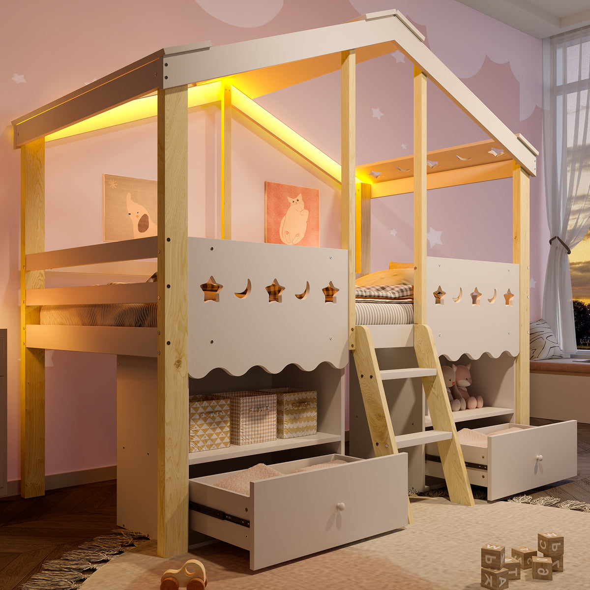 House Shape Loft Bed 90x200cm with 2 Drawers & LED, White + Natural