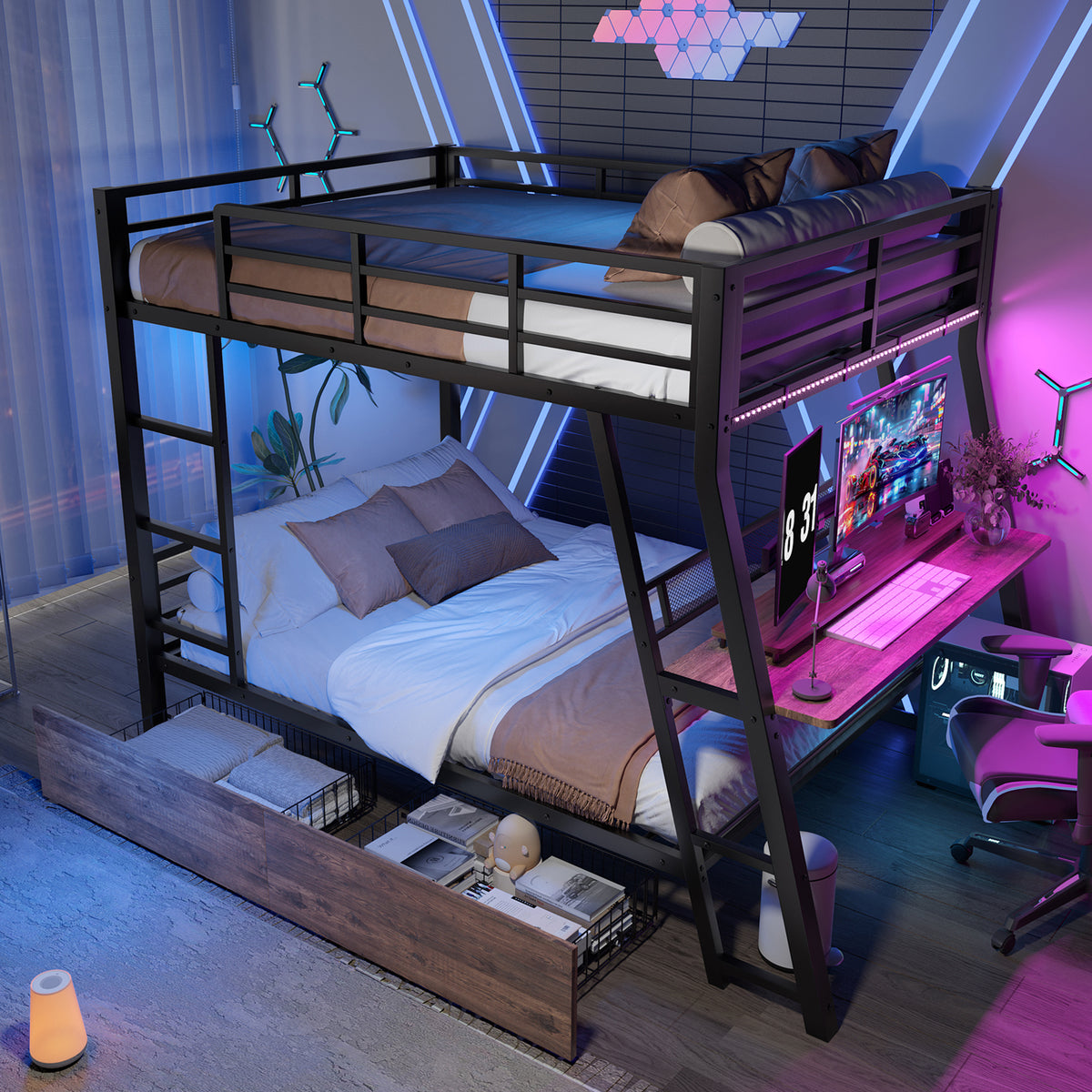 Loft Bed 140x200cm with Desk, LED & Drawers, Black Iron