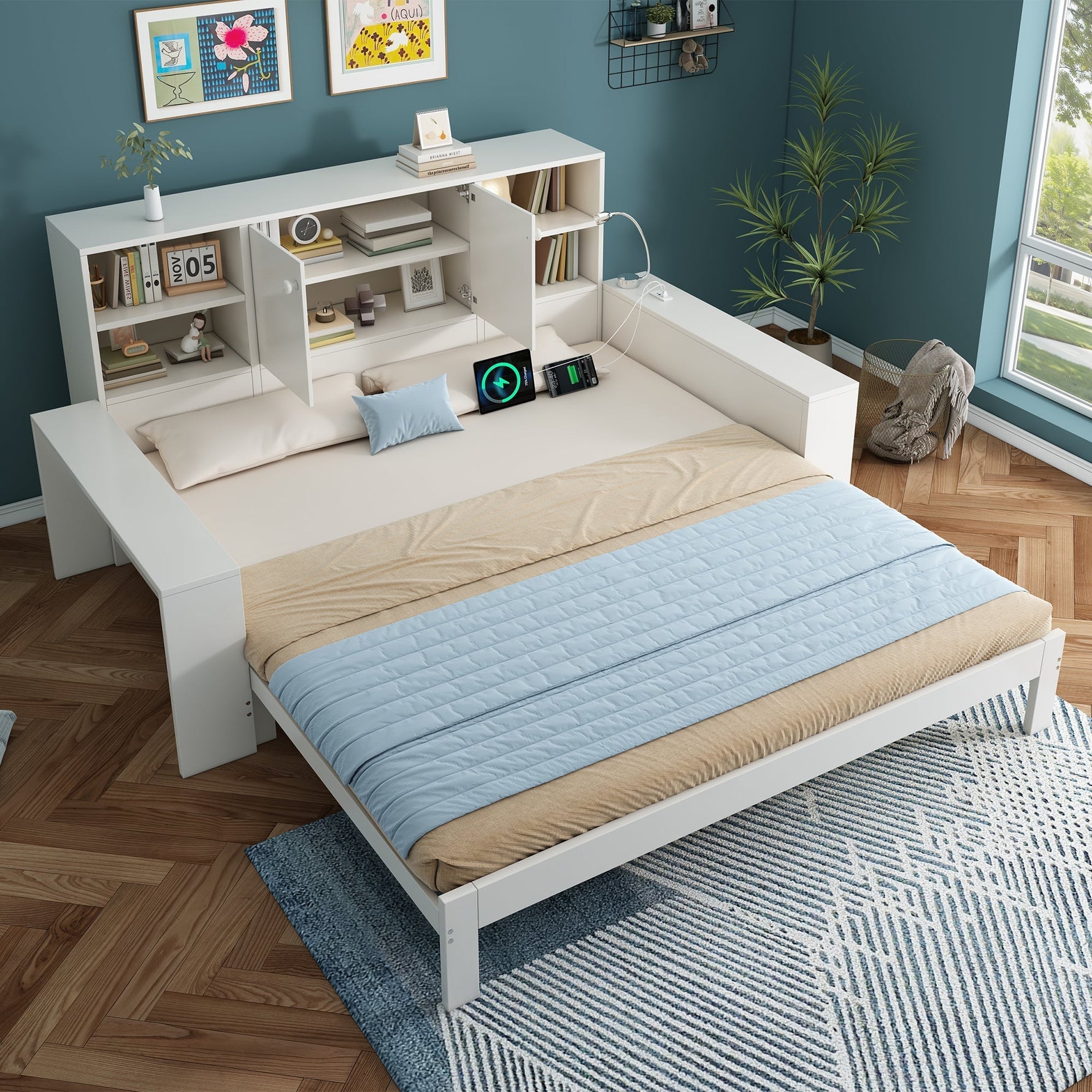 Storage Bed with Pull-out Bed, Double Doors and USB Ports, 90x200cm, White Wood