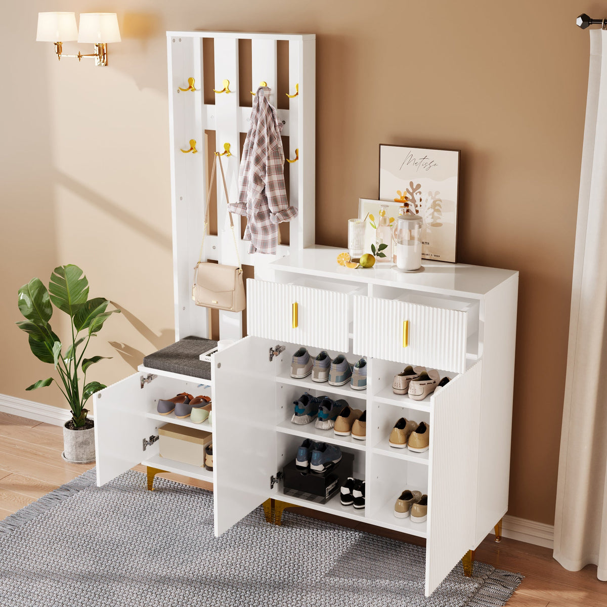 Wardrobe Set with Shoe Bench, Cushions, Hooks, Drawers, and Doors, White