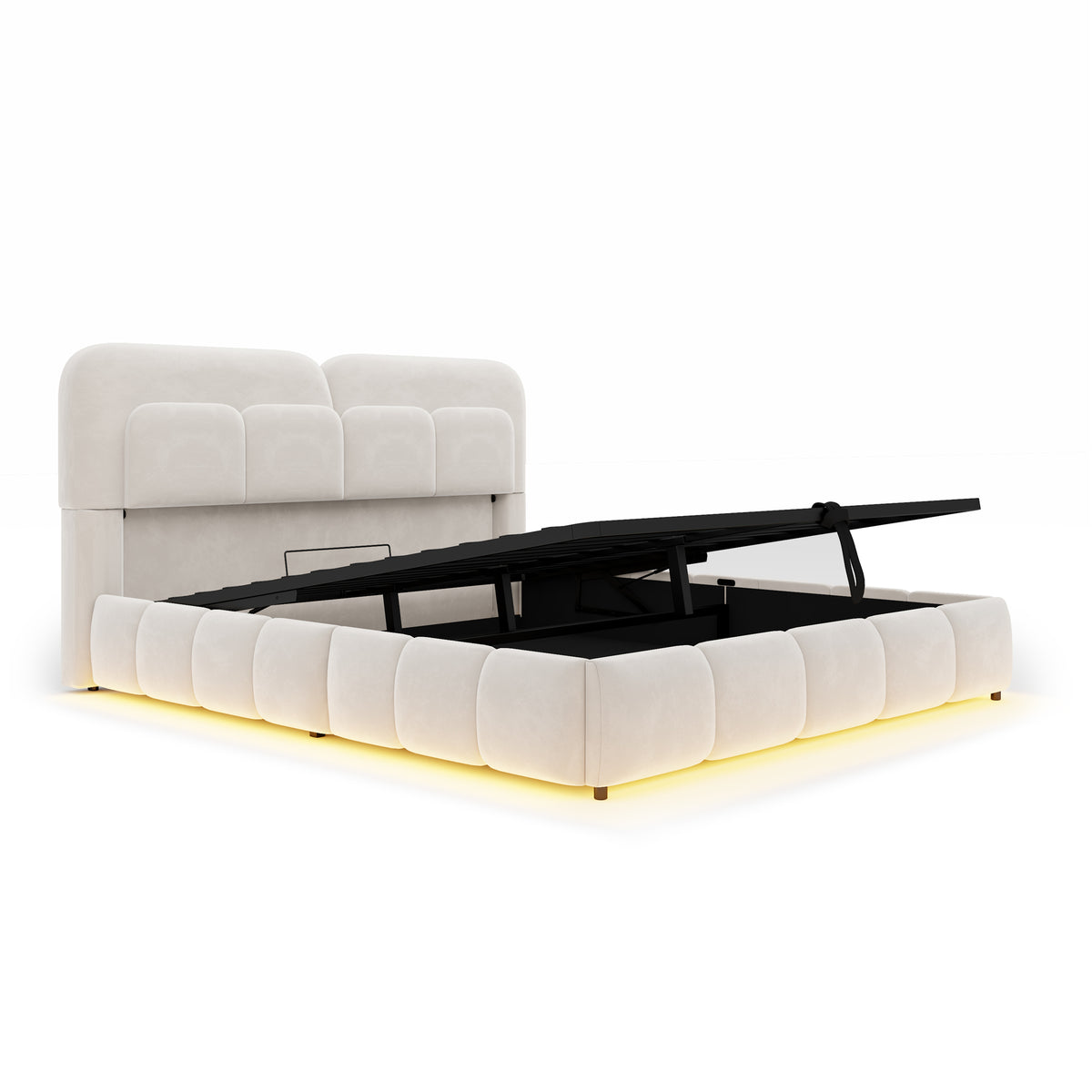 Upholstered Double Bed 140x200 Light Strip Storage Beige Velvet